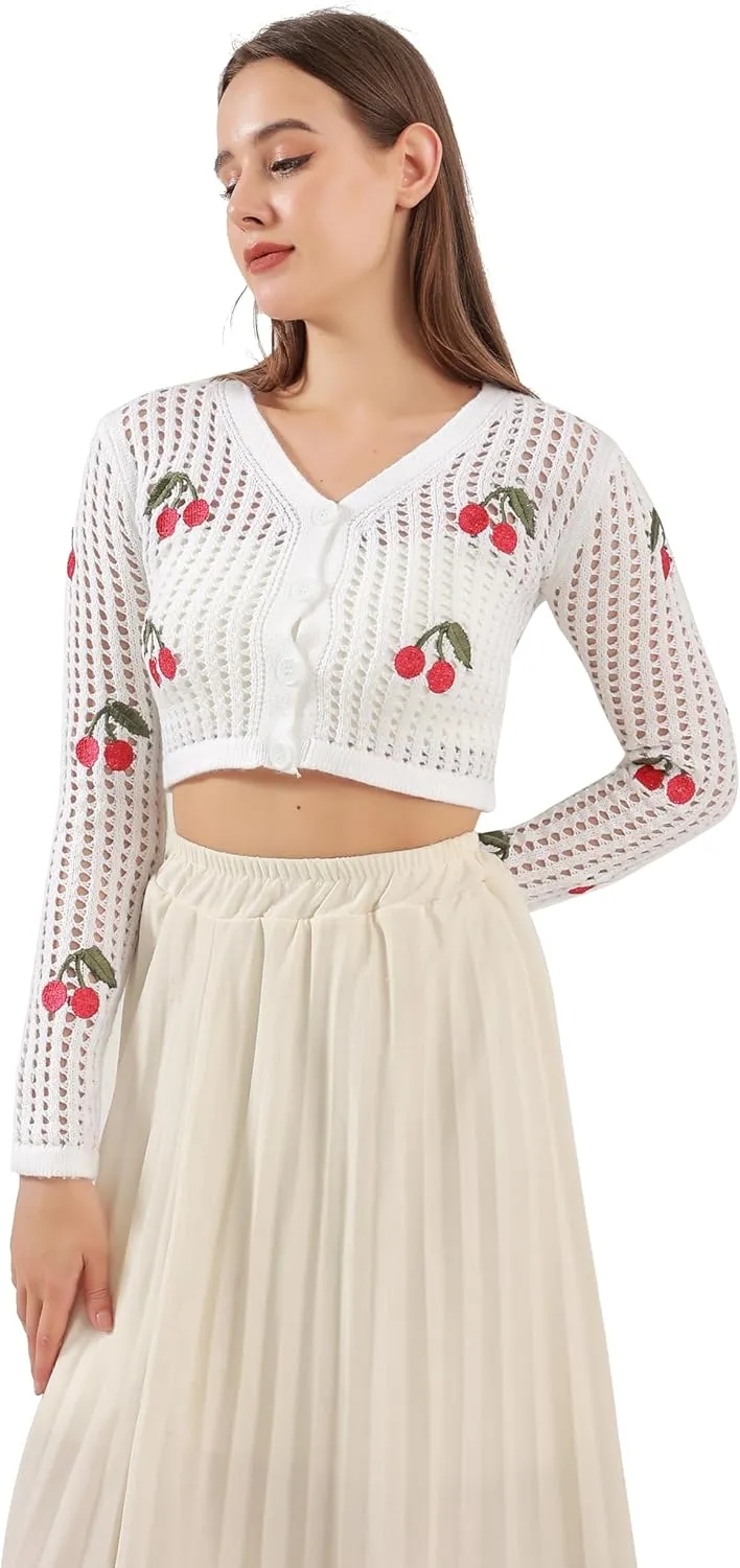 Women's Summer Cherry Button Hollow Out Long Sleeve Open Front Knit Cardigan