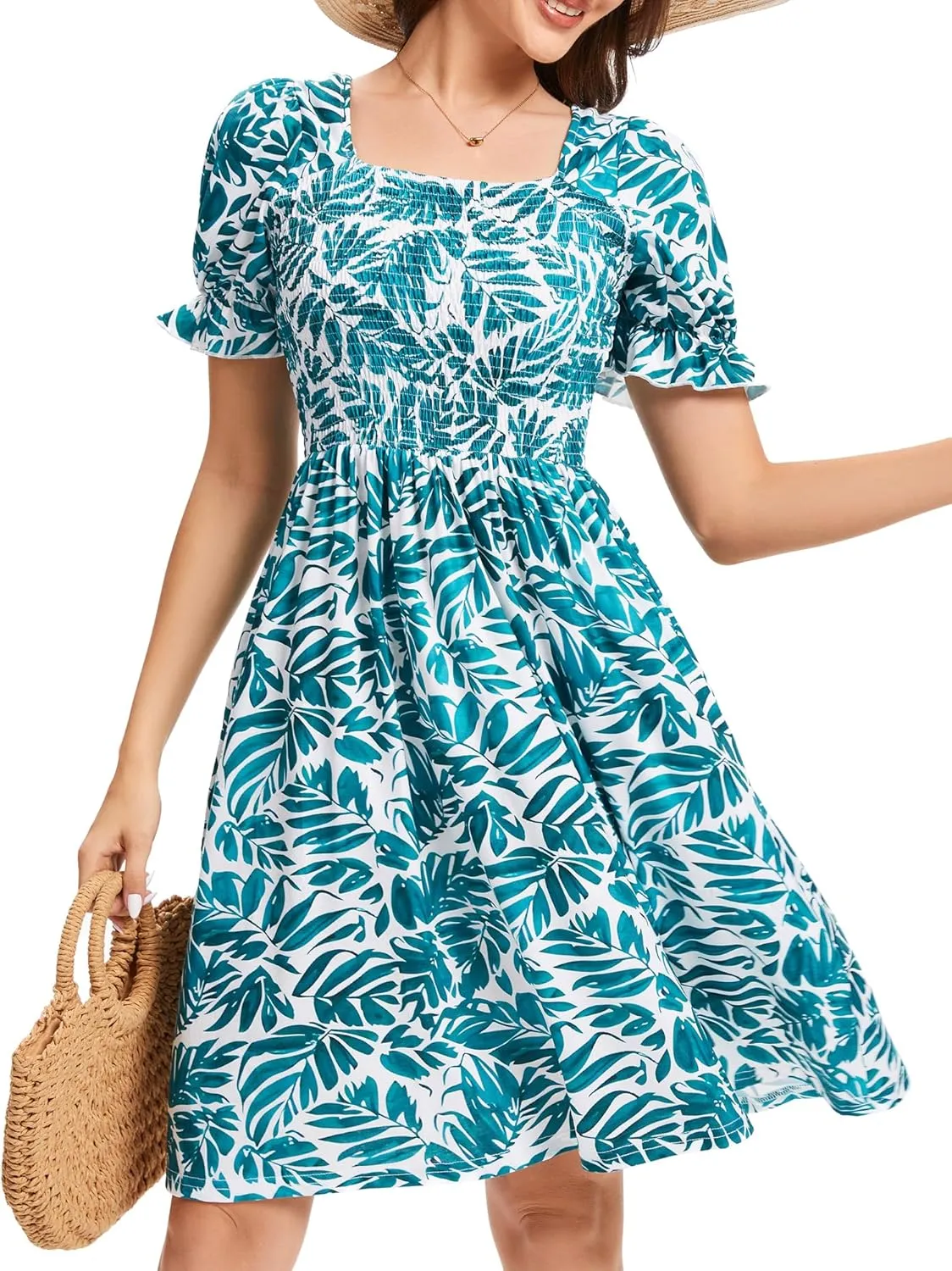 Womens Summer Dress- Square Neck Puff Sleeve Smocked Ruffle Hem A-line Mini Short Dresses