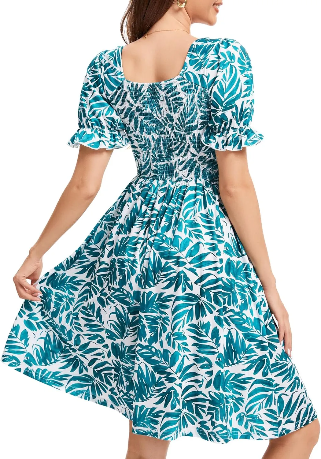 Womens Summer Dress- Square Neck Puff Sleeve Smocked Ruffle Hem A-line Mini Short Dresses