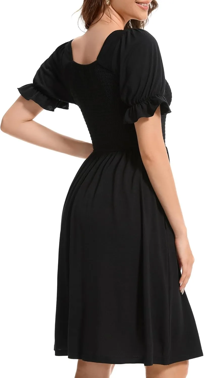 Womens Summer Dress- Square Neck Puff Sleeve Smocked Ruffle Hem A-line Mini Short Dresses