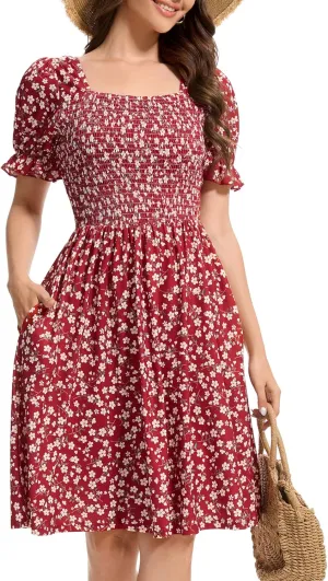 Womens Summer Dress- Square Neck Puff Sleeve Smocked Ruffle Hem A-line Mini Short Dresses