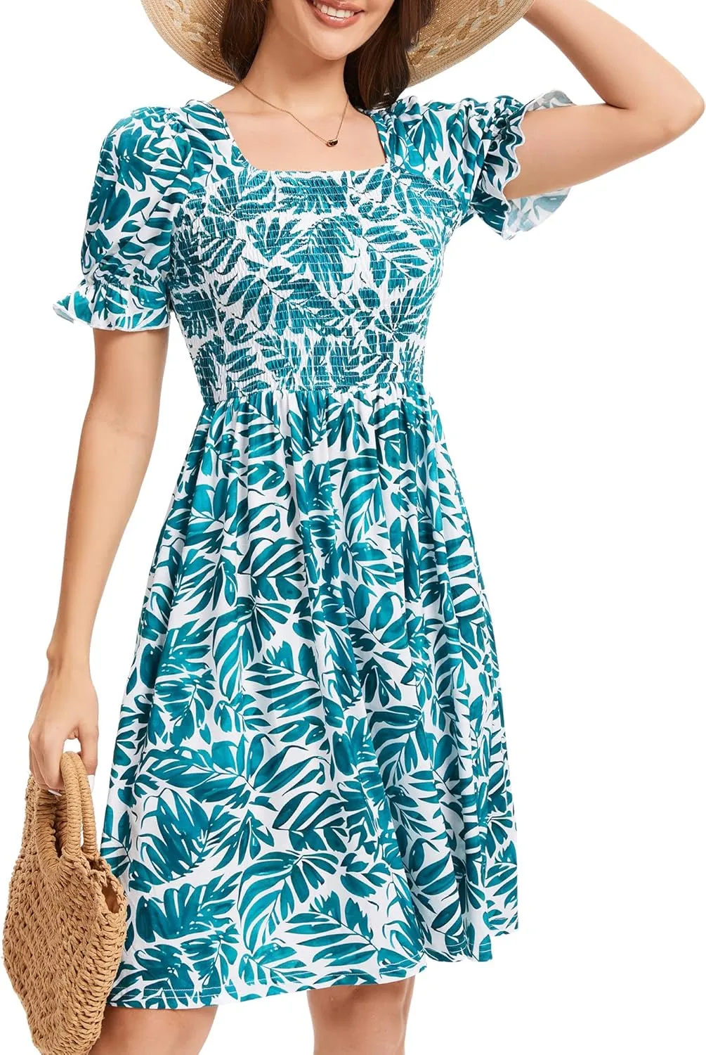 Womens Summer Dress- Square Neck Puff Sleeve Smocked Ruffle Hem A-line Mini Short Dresses