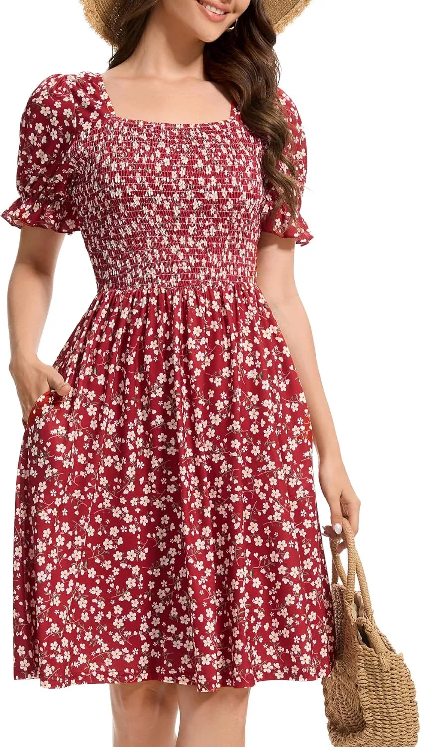 Womens Summer Dress- Square Neck Puff Sleeve Smocked Ruffle Hem A-line Mini Short Dresses