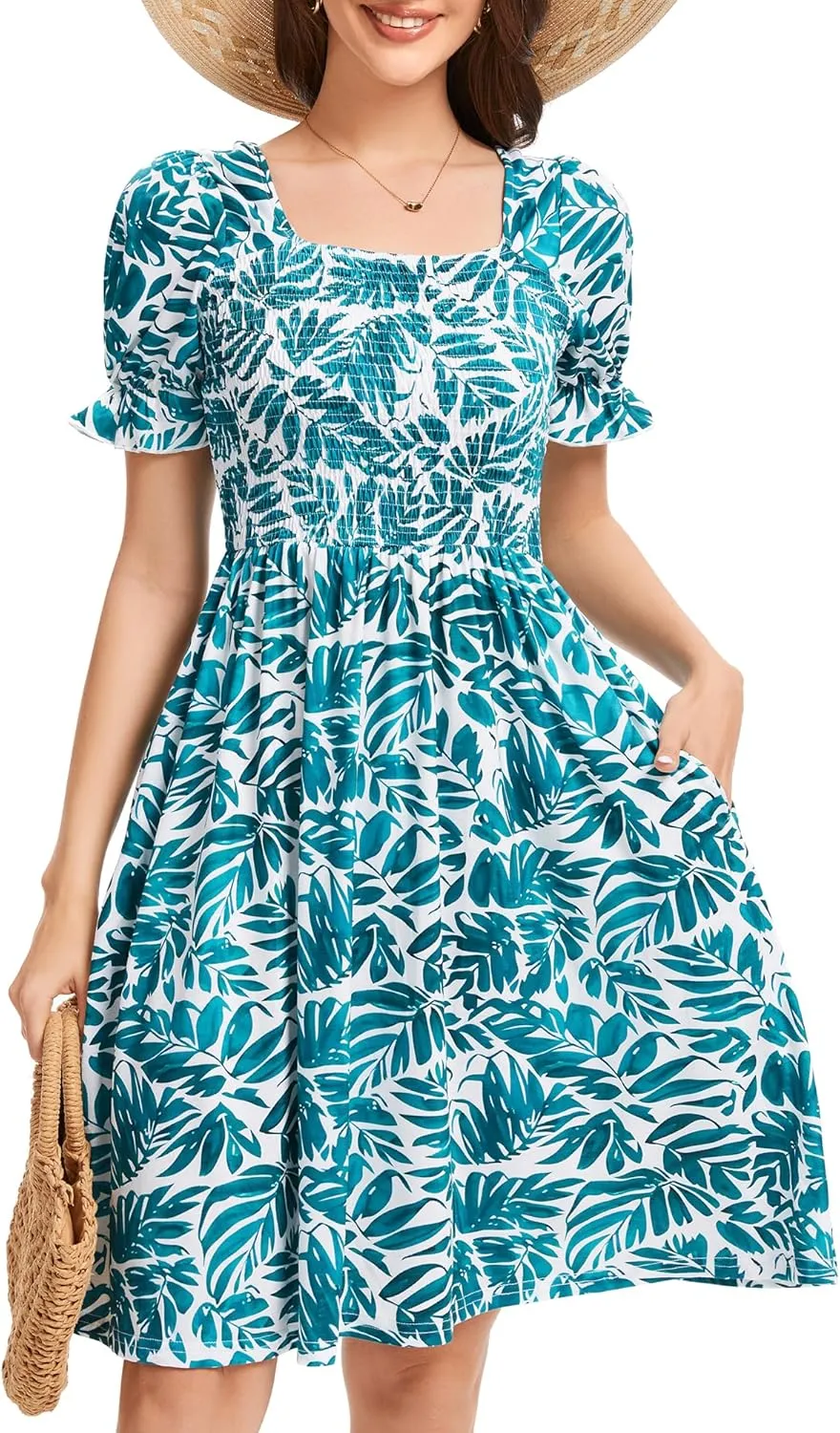 Womens Summer Dress- Square Neck Puff Sleeve Smocked Ruffle Hem A-line Mini Short Dresses