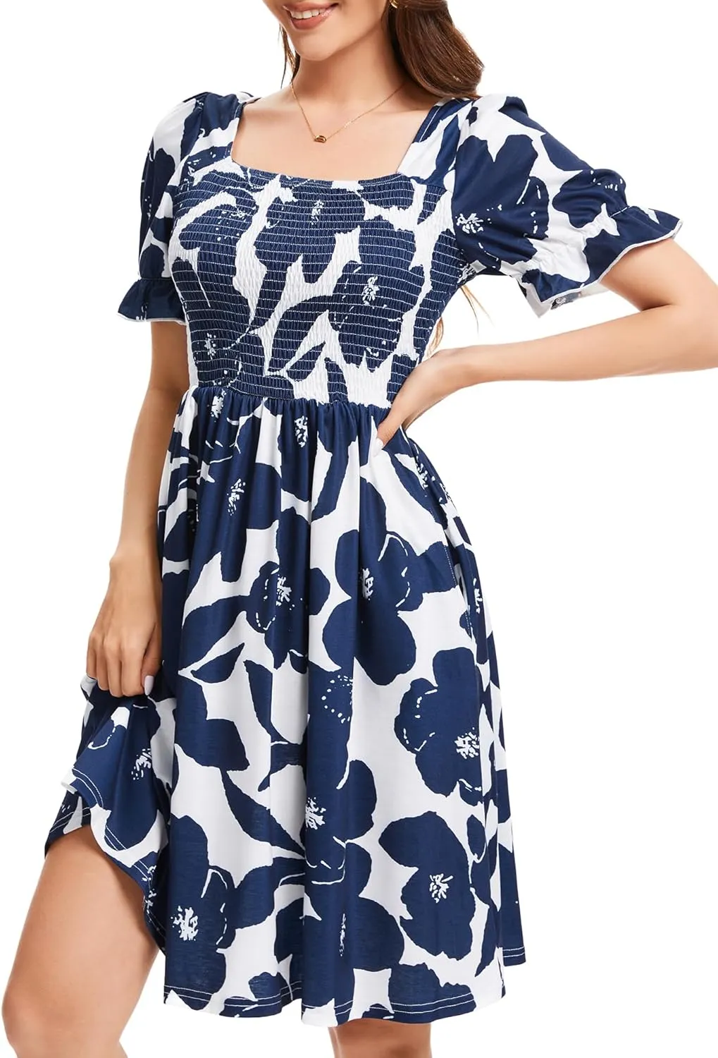 Womens Summer Dress- Square Neck Puff Sleeve Smocked Ruffle Hem A-line Mini Short Dresses