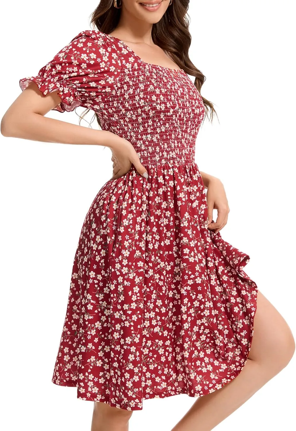 Womens Summer Dress- Square Neck Puff Sleeve Smocked Ruffle Hem A-line Mini Short Dresses