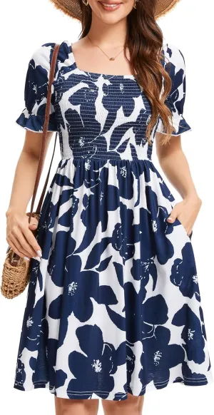 Womens Summer Dress- Square Neck Puff Sleeve Smocked Ruffle Hem A-line Mini Short Dresses