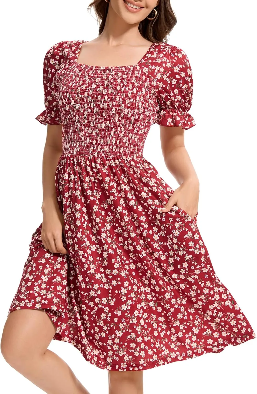 Womens Summer Dress- Square Neck Puff Sleeve Smocked Ruffle Hem A-line Mini Short Dresses