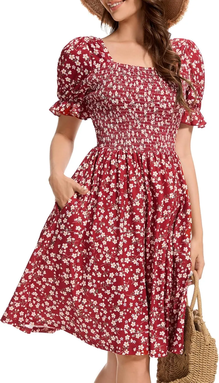 Womens Summer Dress- Square Neck Puff Sleeve Smocked Ruffle Hem A-line Mini Short Dresses
