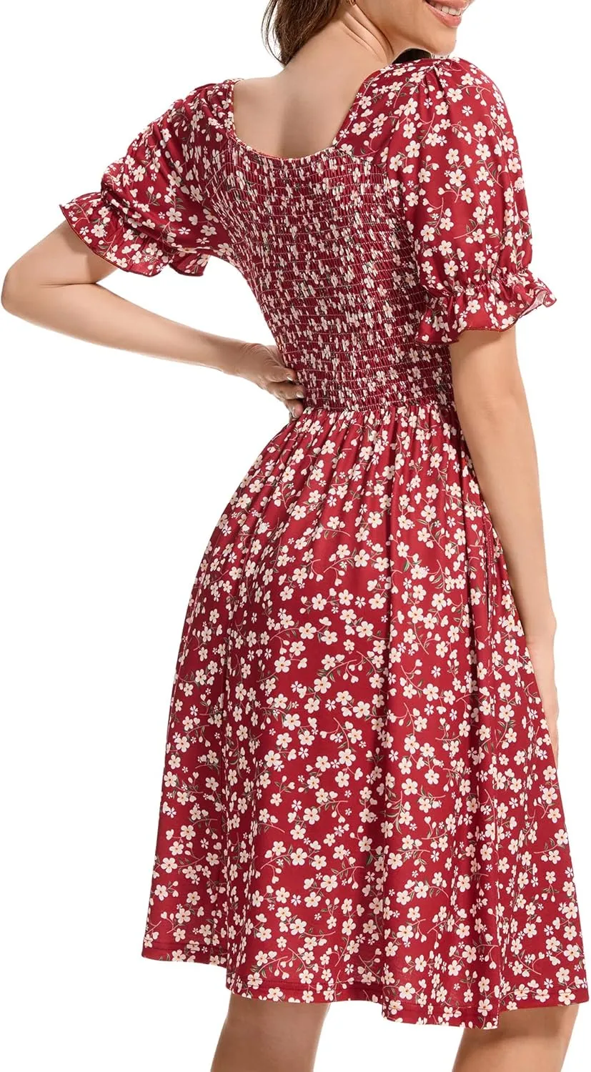 Womens Summer Dress- Square Neck Puff Sleeve Smocked Ruffle Hem A-line Mini Short Dresses