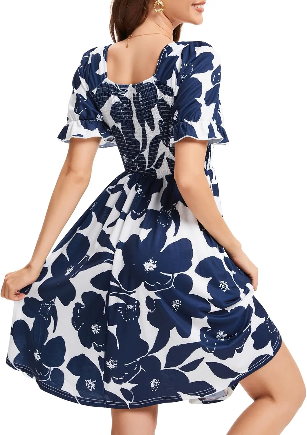 Womens Summer Dress- Square Neck Puff Sleeve Smocked Ruffle Hem A-line Mini Short Dresses