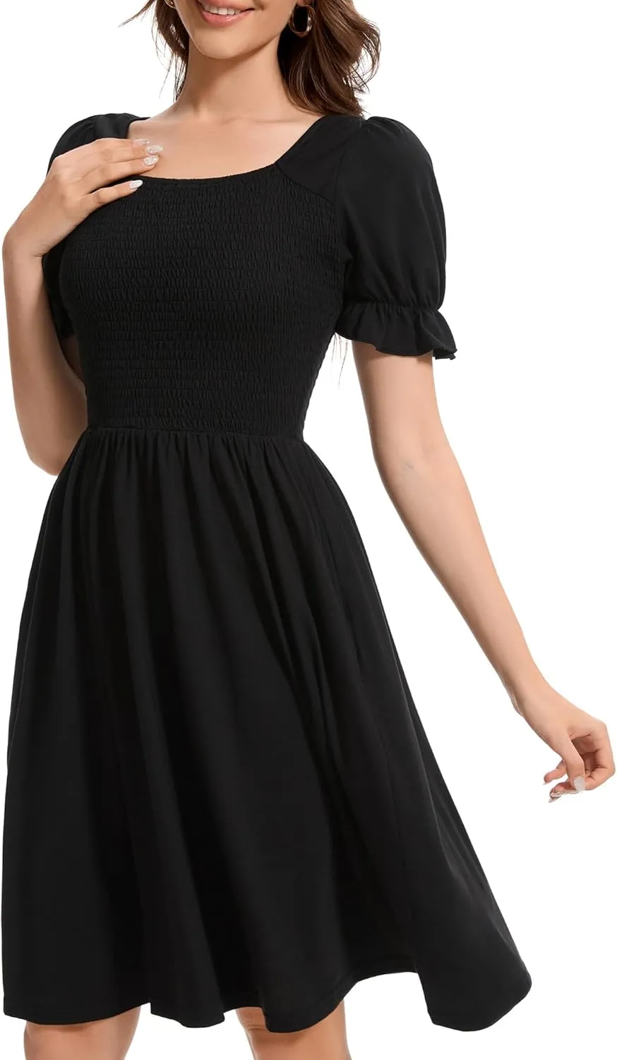 Womens Summer Dress- Square Neck Puff Sleeve Smocked Ruffle Hem A-line Mini Short Dresses