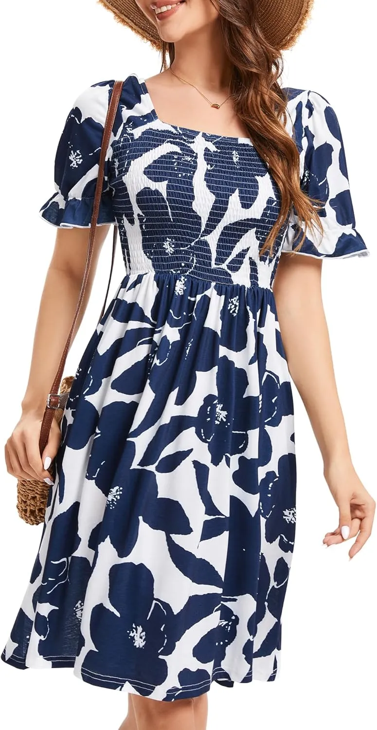 Womens Summer Dress- Square Neck Puff Sleeve Smocked Ruffle Hem A-line Mini Short Dresses