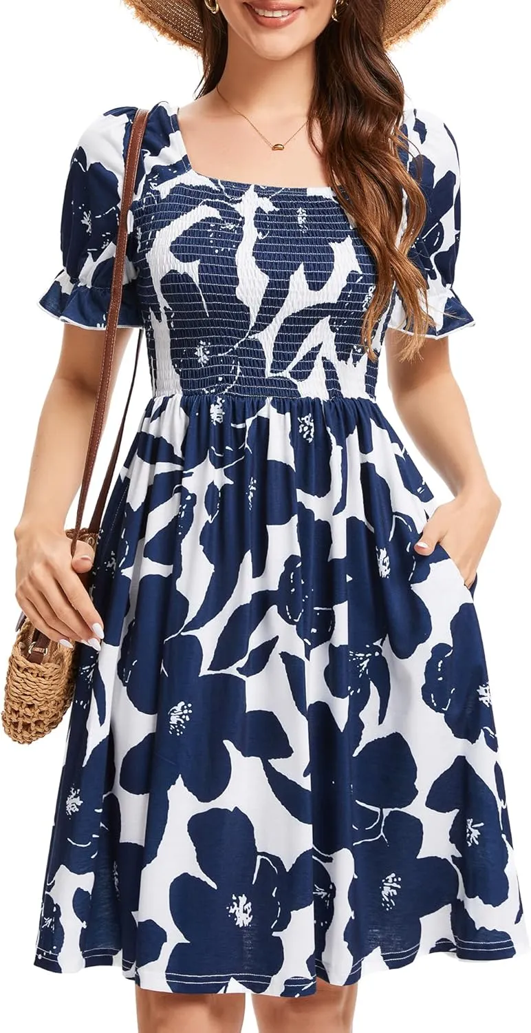 Womens Summer Dress- Square Neck Puff Sleeve Smocked Ruffle Hem A-line Mini Short Dresses