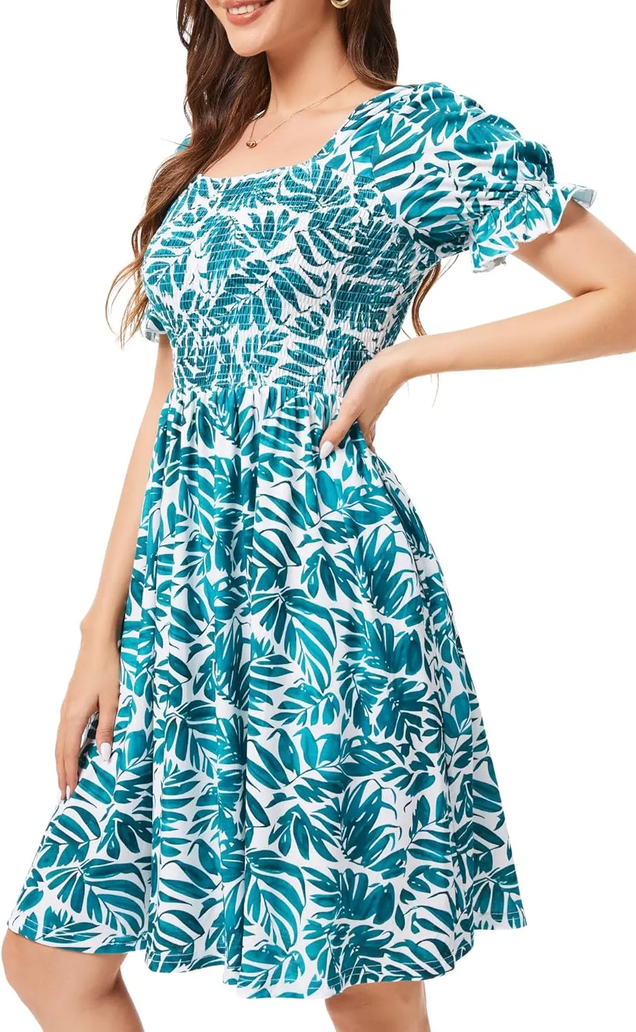 Womens Summer Dress- Square Neck Puff Sleeve Smocked Ruffle Hem A-line Mini Short Dresses