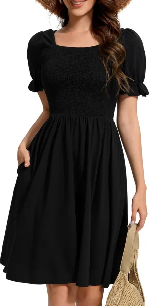 Womens Summer Dress- Square Neck Puff Sleeve Smocked Ruffle Hem A-line Mini Short Dresses