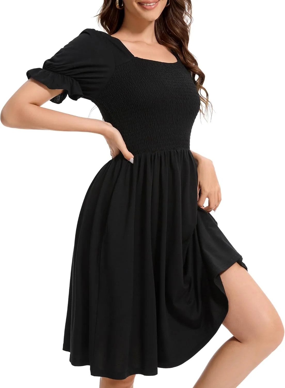 Womens Summer Dress- Square Neck Puff Sleeve Smocked Ruffle Hem A-line Mini Short Dresses