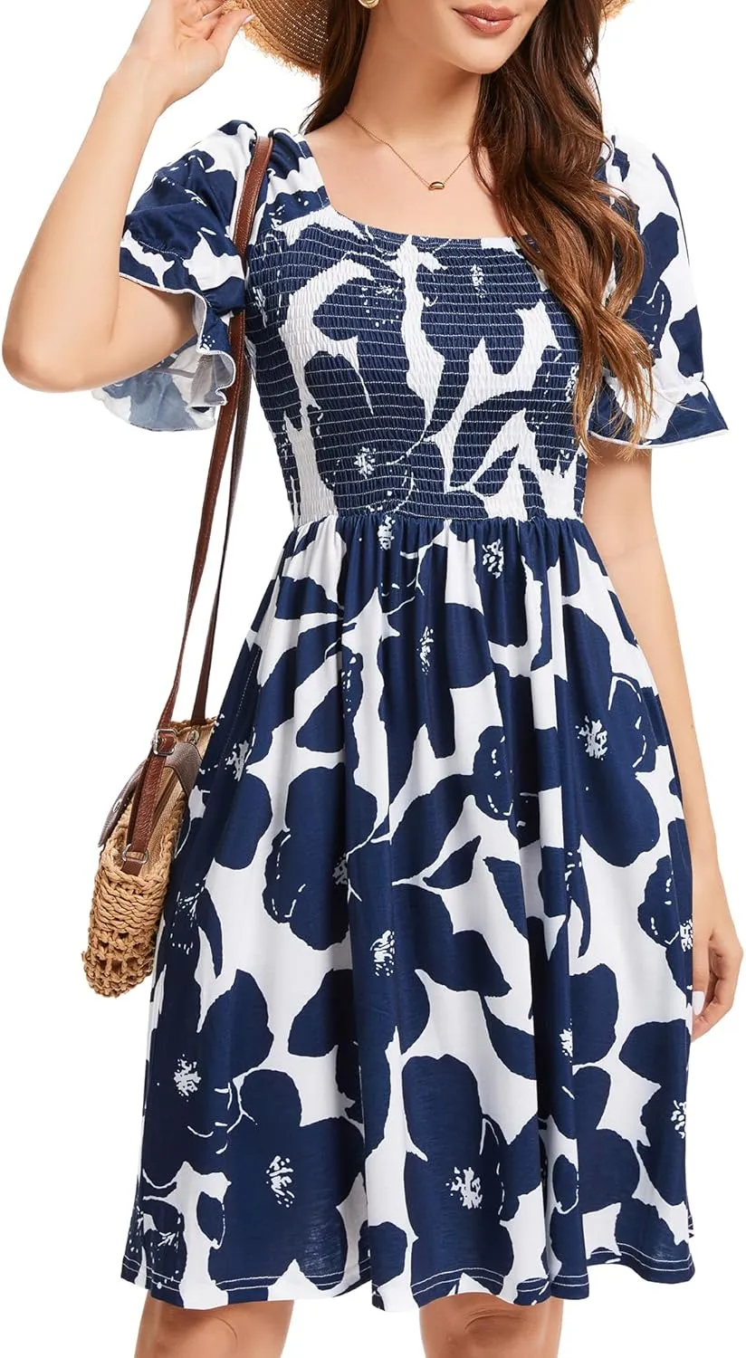 Womens Summer Dress- Square Neck Puff Sleeve Smocked Ruffle Hem A-line Mini Short Dresses