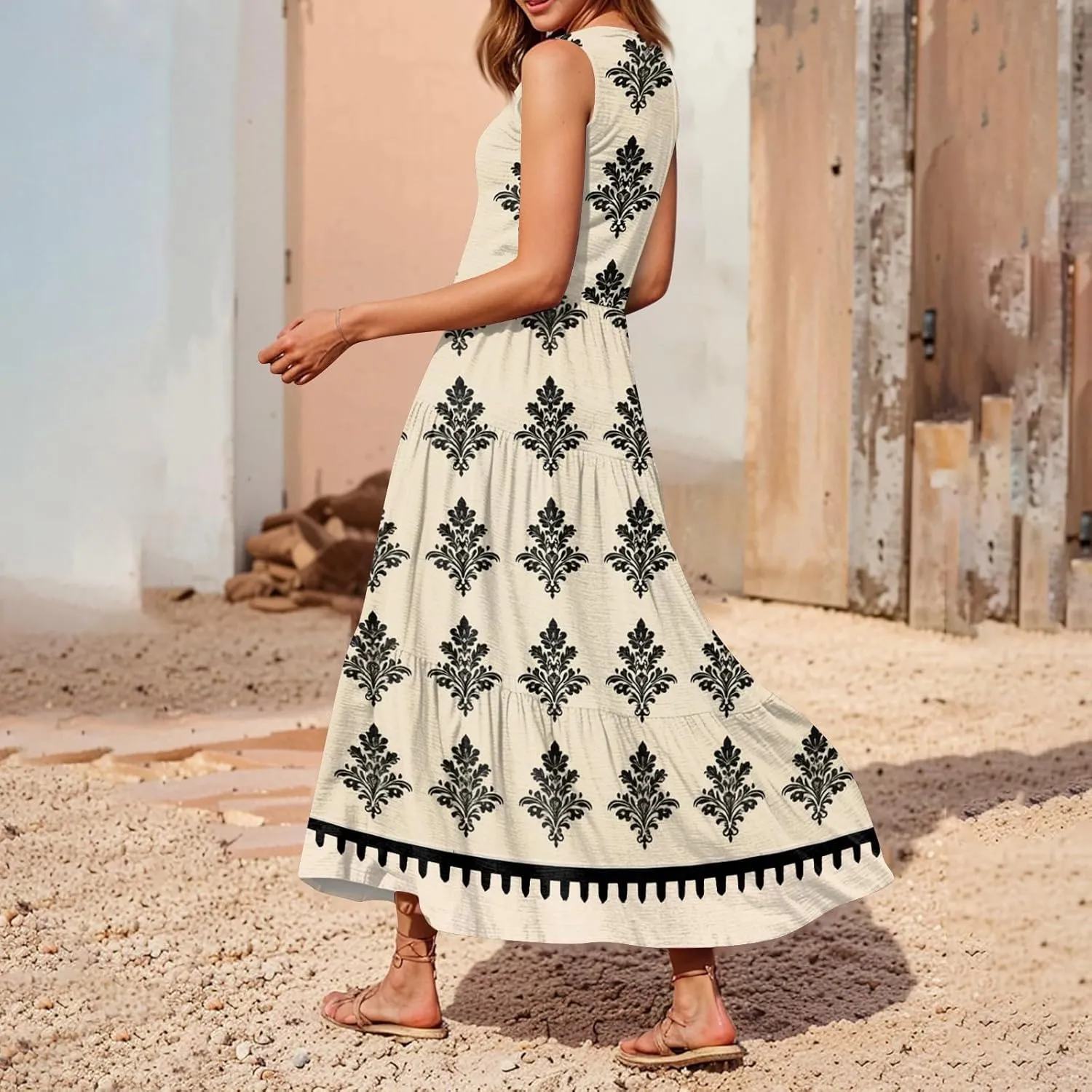 Womens Summer V Neck Sleeveless Beach Vacation Maxi Dresses Casual Layering Pleated Print Boho Dress