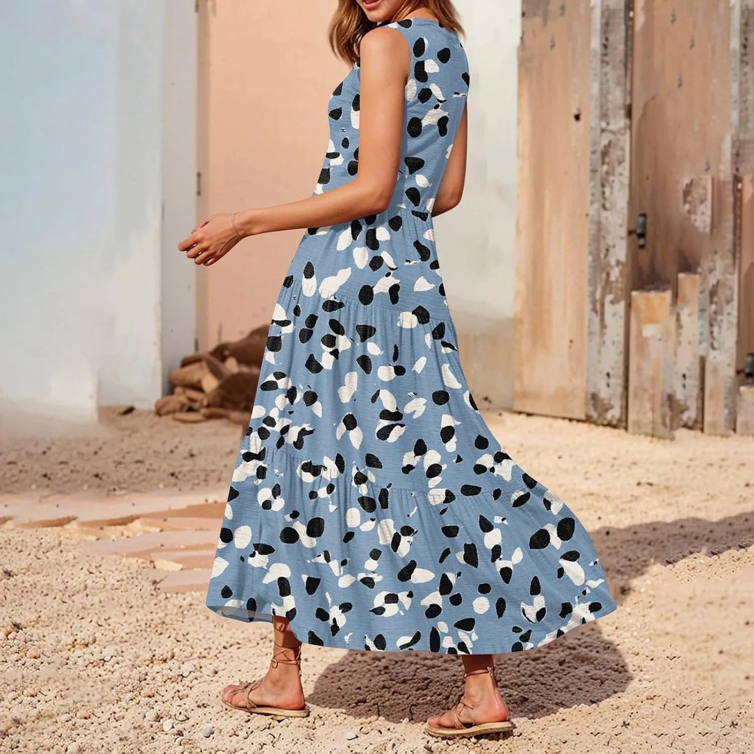 Womens Summer V Neck Sleeveless Beach Vacation Maxi Dresses Casual Layering Pleated Print Boho Dress