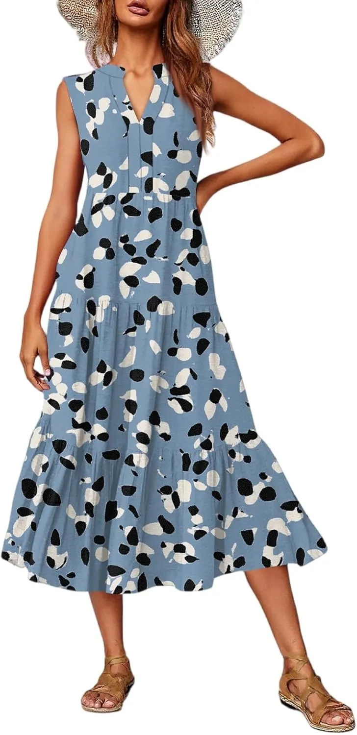 Womens Summer V Neck Sleeveless Beach Vacation Maxi Dresses Casual Layering Pleated Print Boho Dress