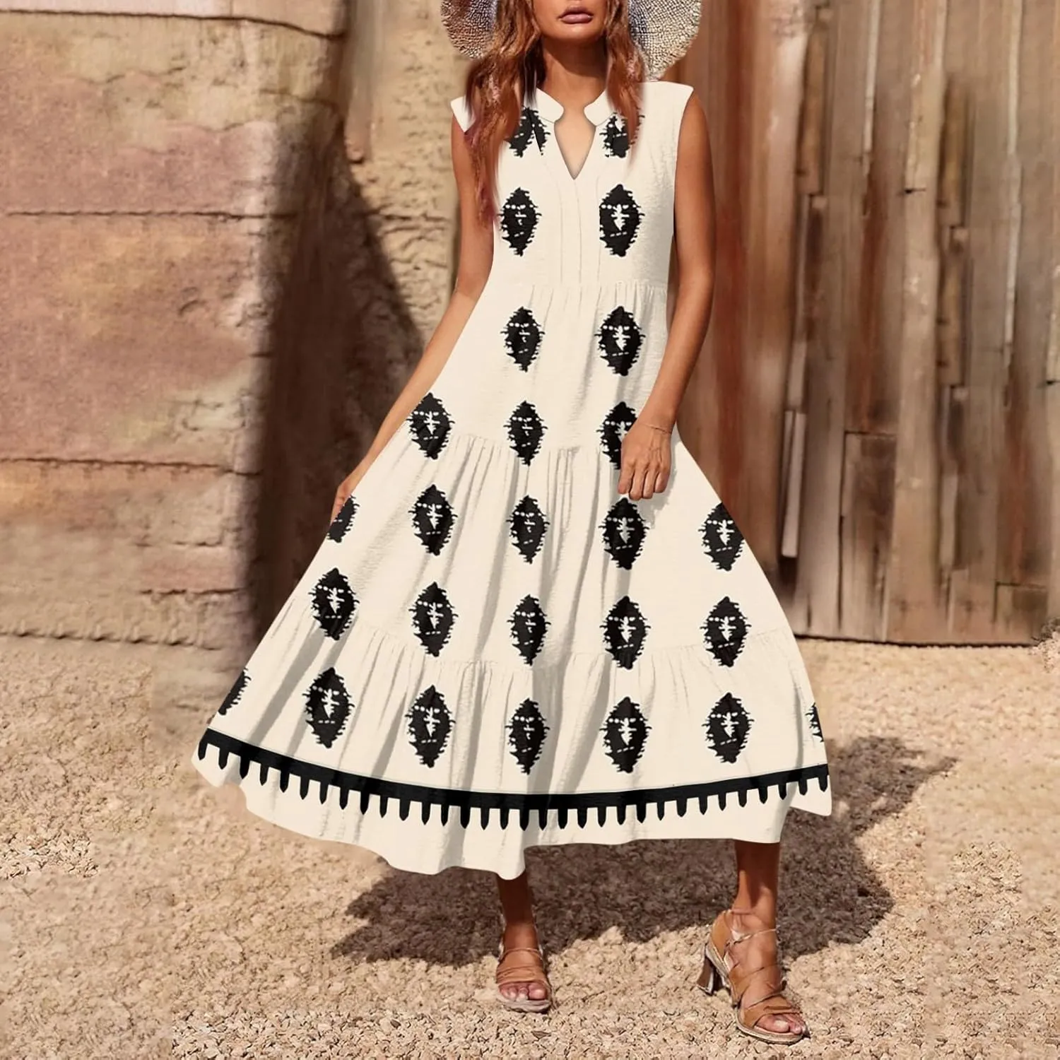 Womens Summer V Neck Sleeveless Beach Vacation Maxi Dresses Casual Layering Pleated Print Boho Dress