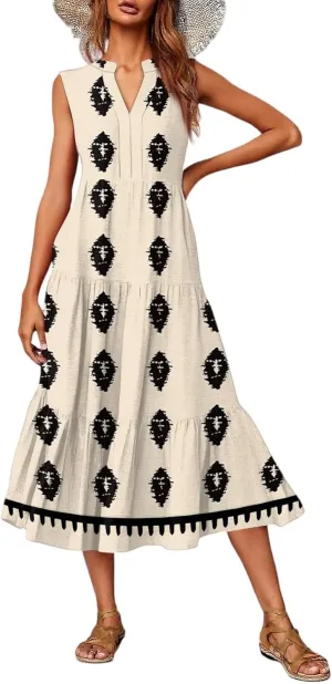 Womens Summer V Neck Sleeveless Beach Vacation Maxi Dresses Casual Layering Pleated Print Boho Dress