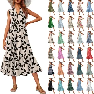 Womens Summer V Neck Sleeveless Beach Vacation Maxi Dresses Casual Layering Pleated Print Boho Dress
