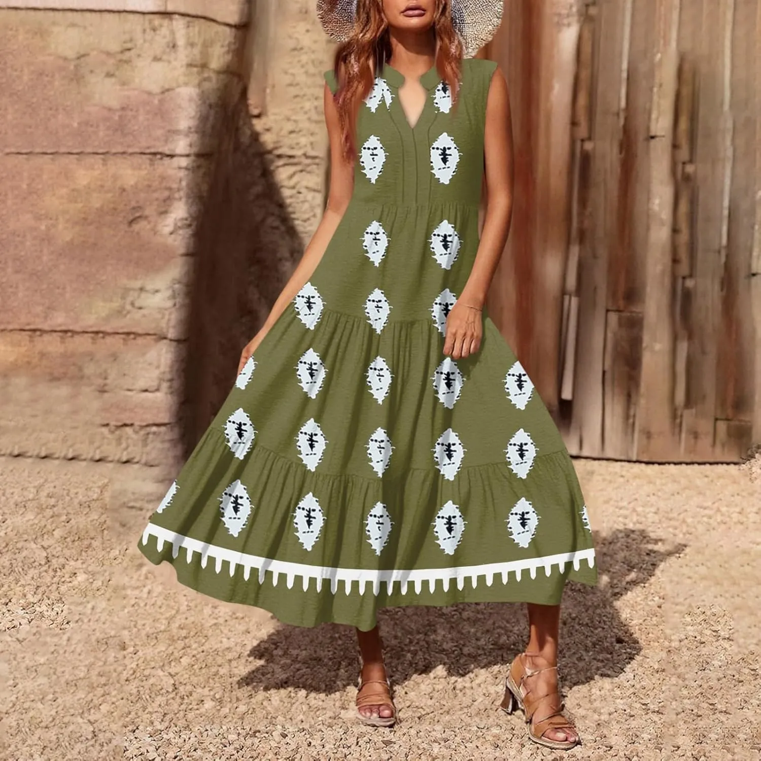 Womens Summer V Neck Sleeveless Beach Vacation Maxi Dresses Casual Layering Pleated Print Boho Dress