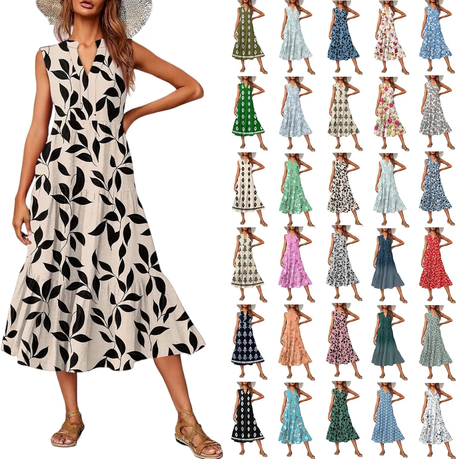 Womens Summer V Neck Sleeveless Beach Vacation Maxi Dresses Casual Layering Pleated Print Boho Dress