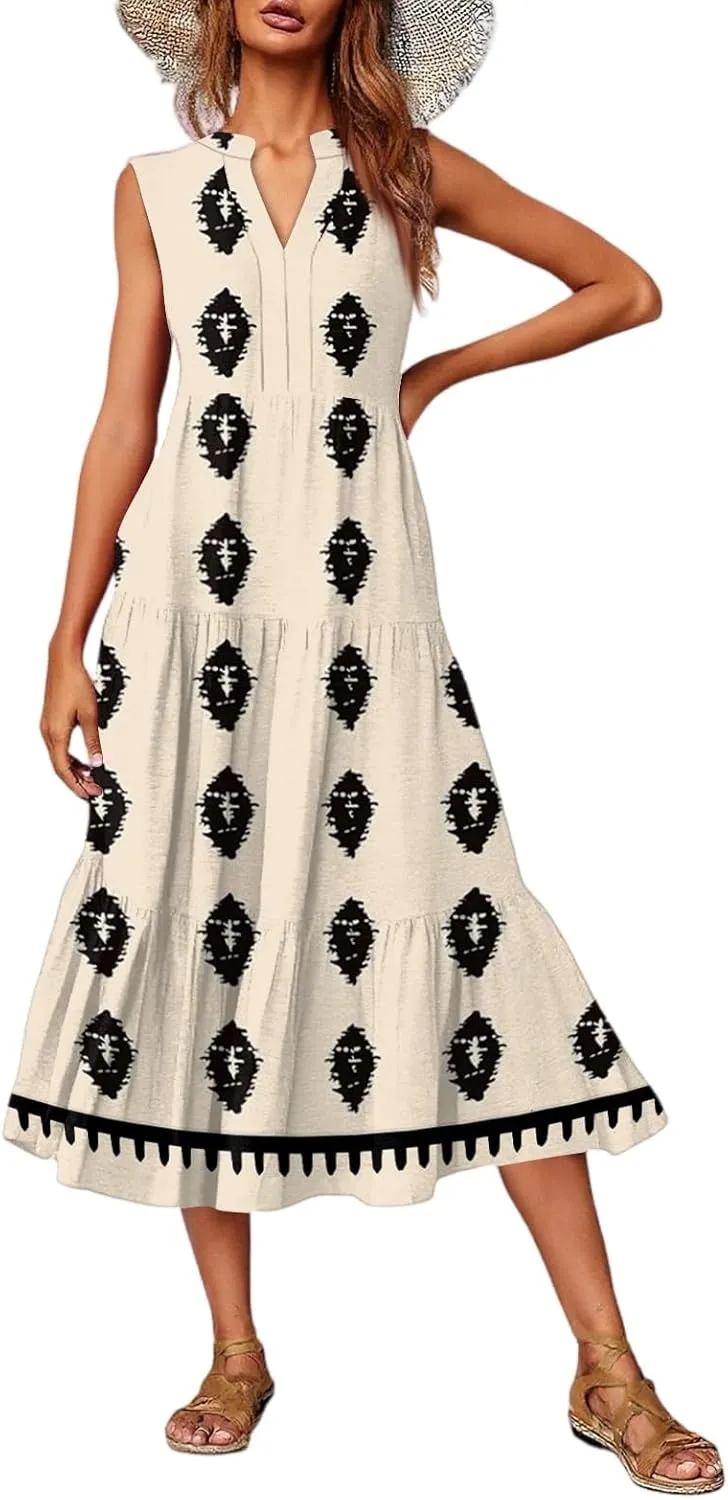 Womens Summer V Neck Sleeveless Beach Vacation Maxi Dresses Casual Layering Pleated Print Boho Dress