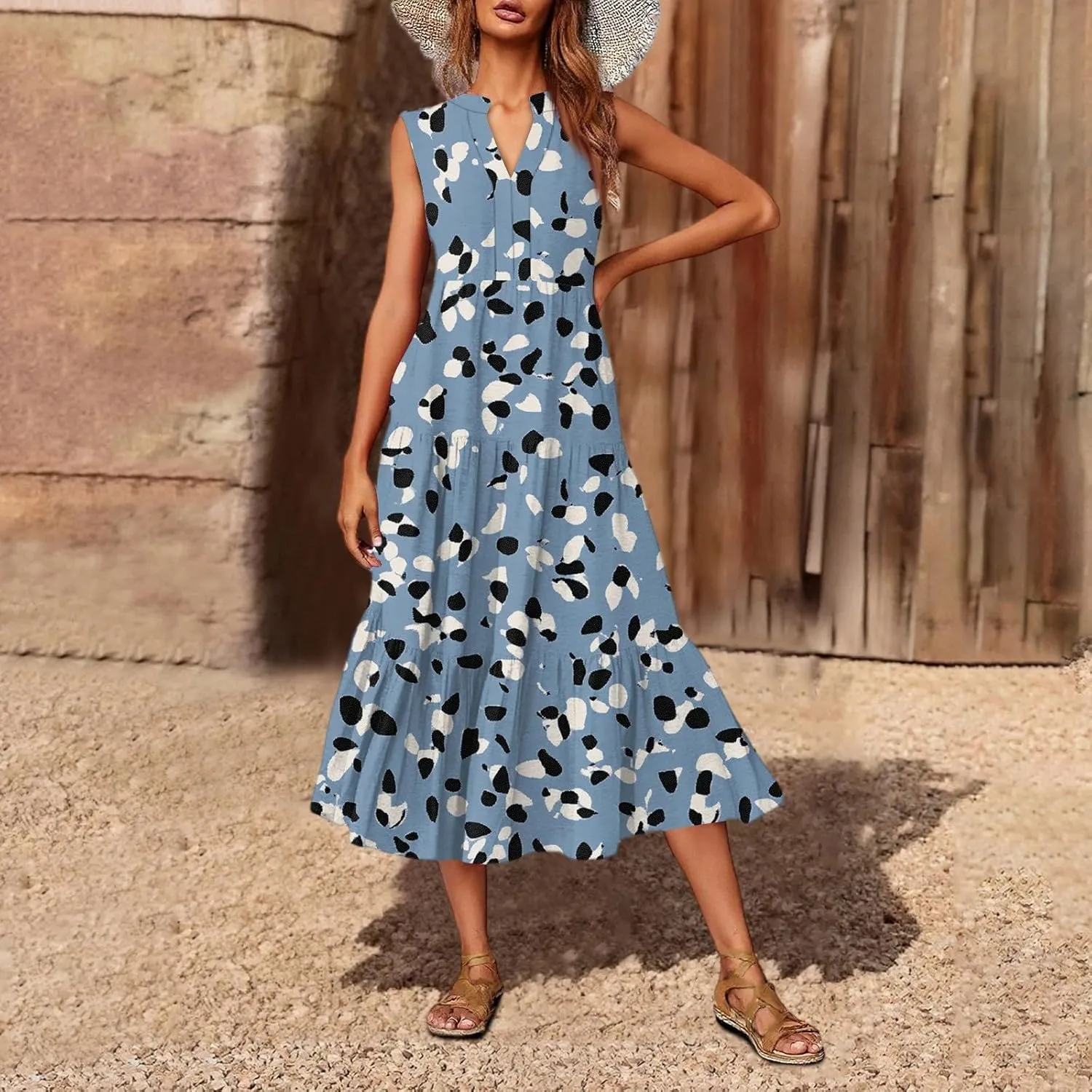 Womens Summer V Neck Sleeveless Beach Vacation Maxi Dresses Casual Layering Pleated Print Boho Dress