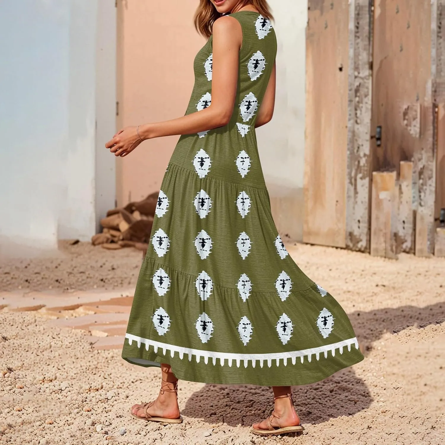 Womens Summer V Neck Sleeveless Beach Vacation Maxi Dresses Casual Layering Pleated Print Boho Dress