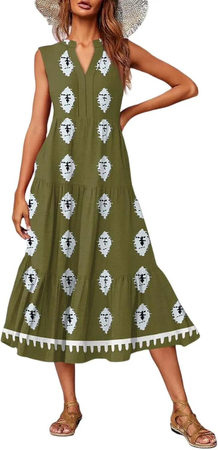 Womens Summer V Neck Sleeveless Beach Vacation Maxi Dresses Casual Layering Pleated Print Boho Dress