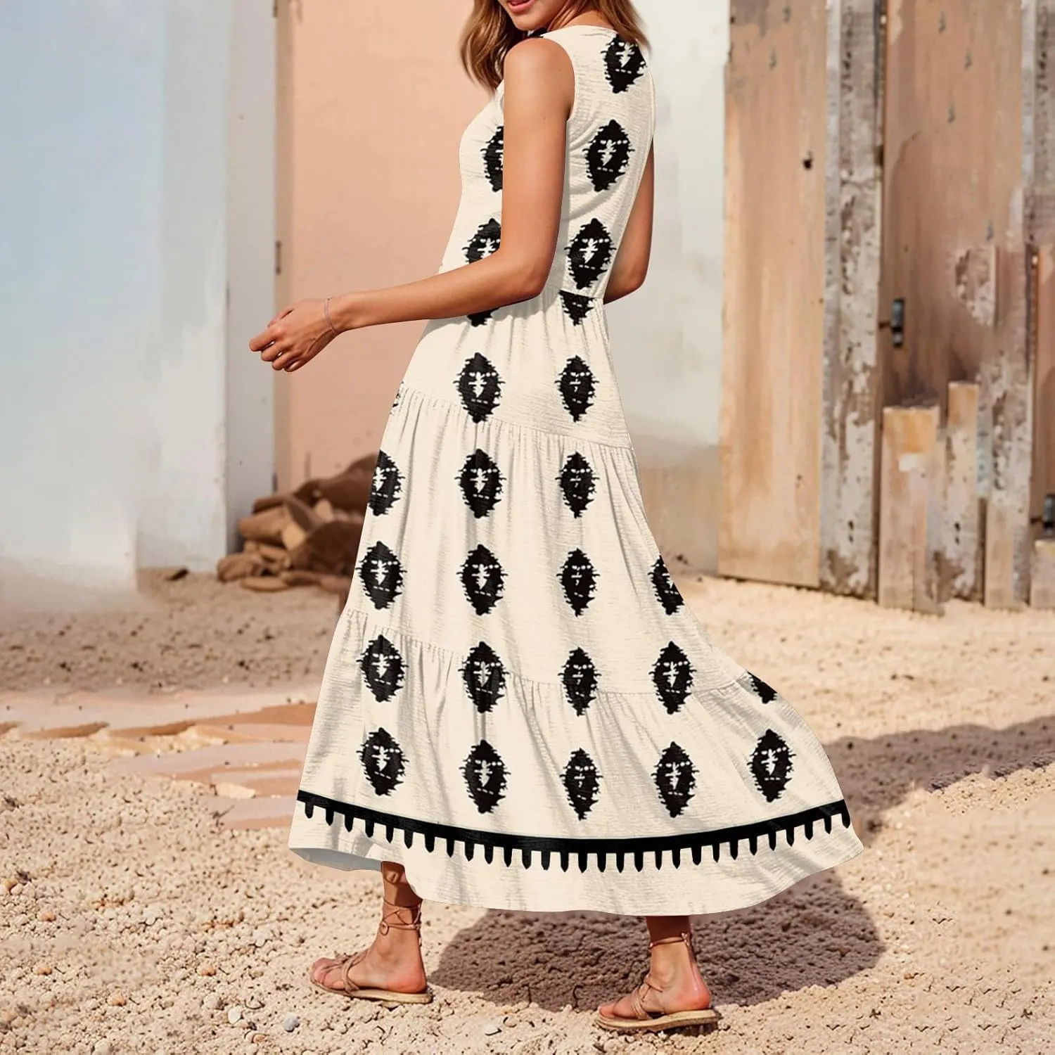 Womens Summer V Neck Sleeveless Beach Vacation Maxi Dresses Casual Layering Pleated Print Boho Dress