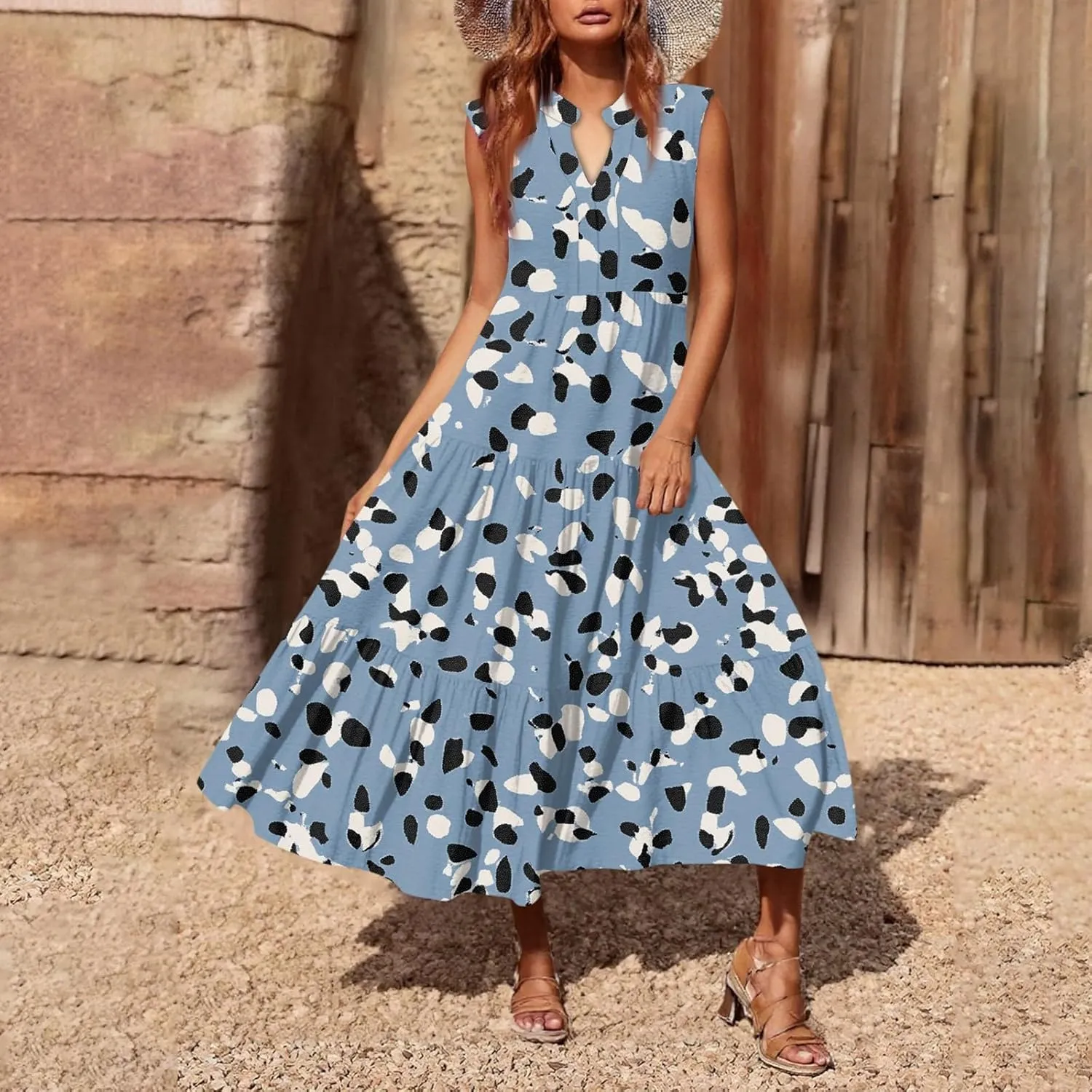 Womens Summer V Neck Sleeveless Beach Vacation Maxi Dresses Casual Layering Pleated Print Boho Dress