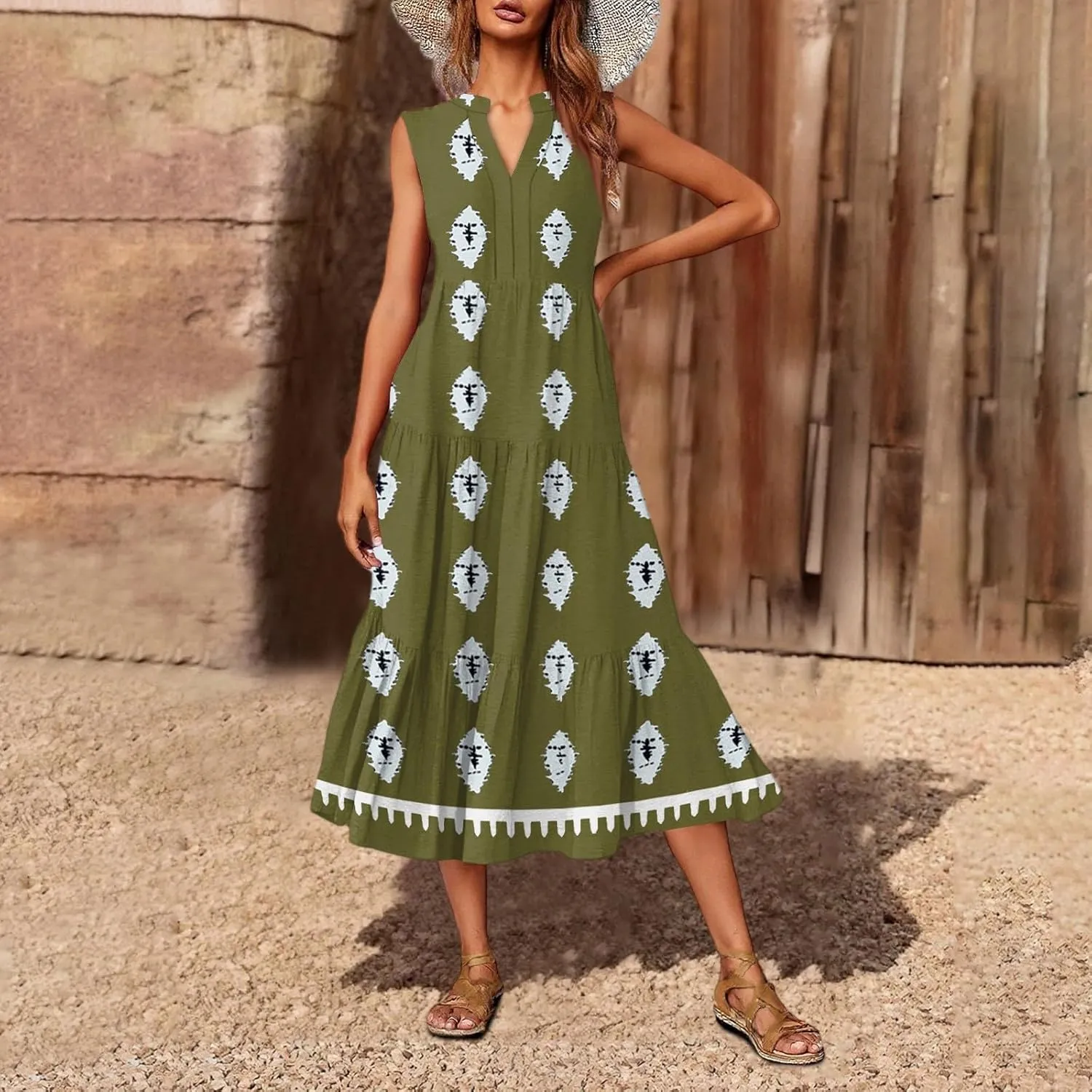 Womens Summer V Neck Sleeveless Beach Vacation Maxi Dresses Casual Layering Pleated Print Boho Dress