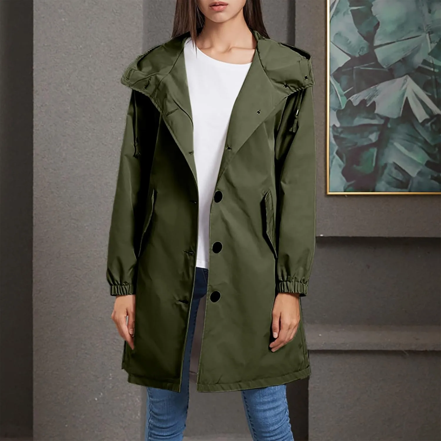 Womens Trench Coat Mid Length Hooded Cuffed Sleeve Rain Jacket Button Long Windproof Rain Coat with Pockets Outdoor