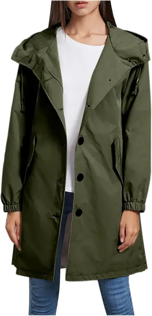 Womens Trench Coat Mid Length Hooded Cuffed Sleeve Rain Jacket Button Long Windproof Rain Coat with Pockets Outdoor