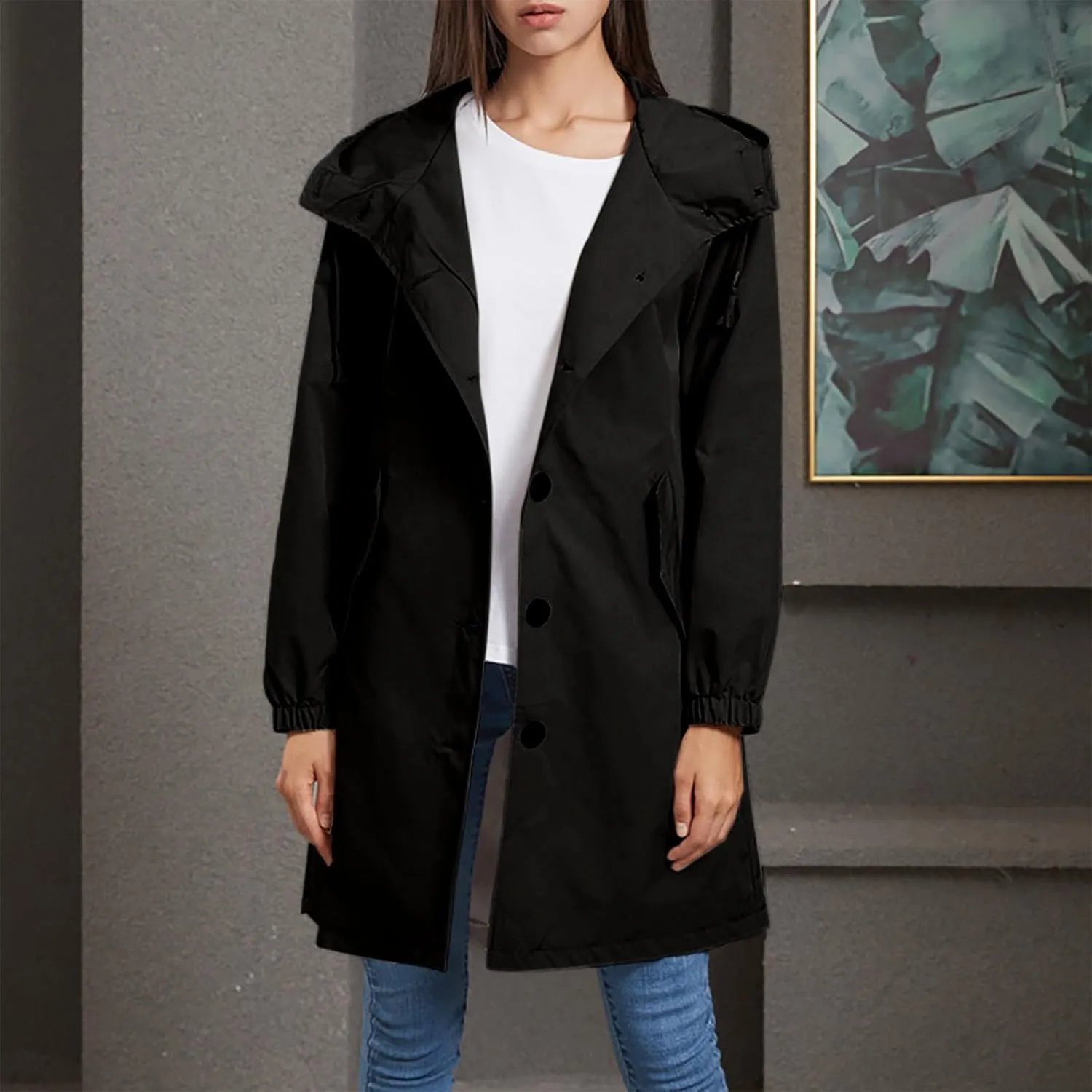 Womens Trench Coat Mid Length Hooded Cuffed Sleeve Rain Jacket Button Long Windproof Rain Coat with Pockets Outdoor