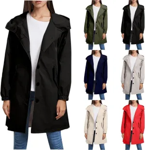 Womens Trench Coat Mid Length Hooded Cuffed Sleeve Rain Jacket Button Long Windproof Rain Coat with Pockets Outdoor