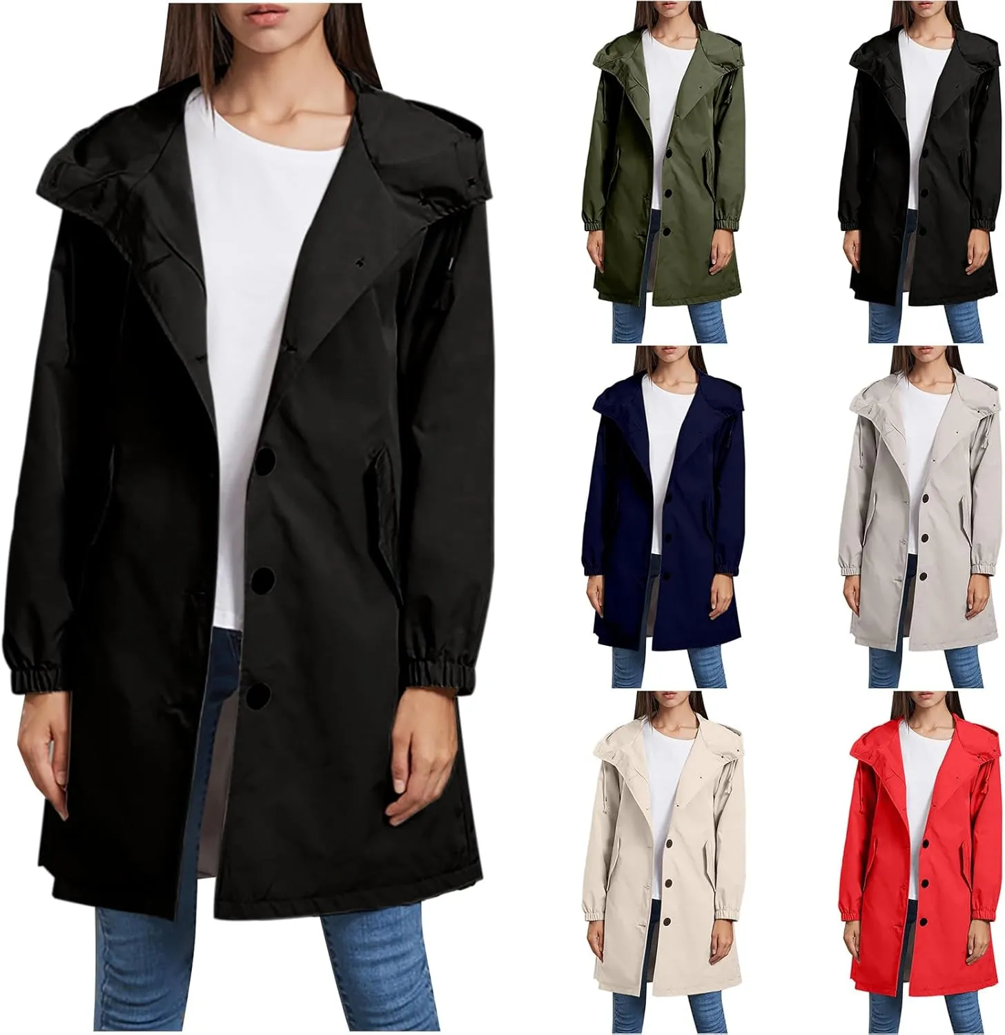 Womens Trench Coat Mid Length Hooded Cuffed Sleeve Rain Jacket Button Long Windproof Rain Coat with Pockets Outdoor