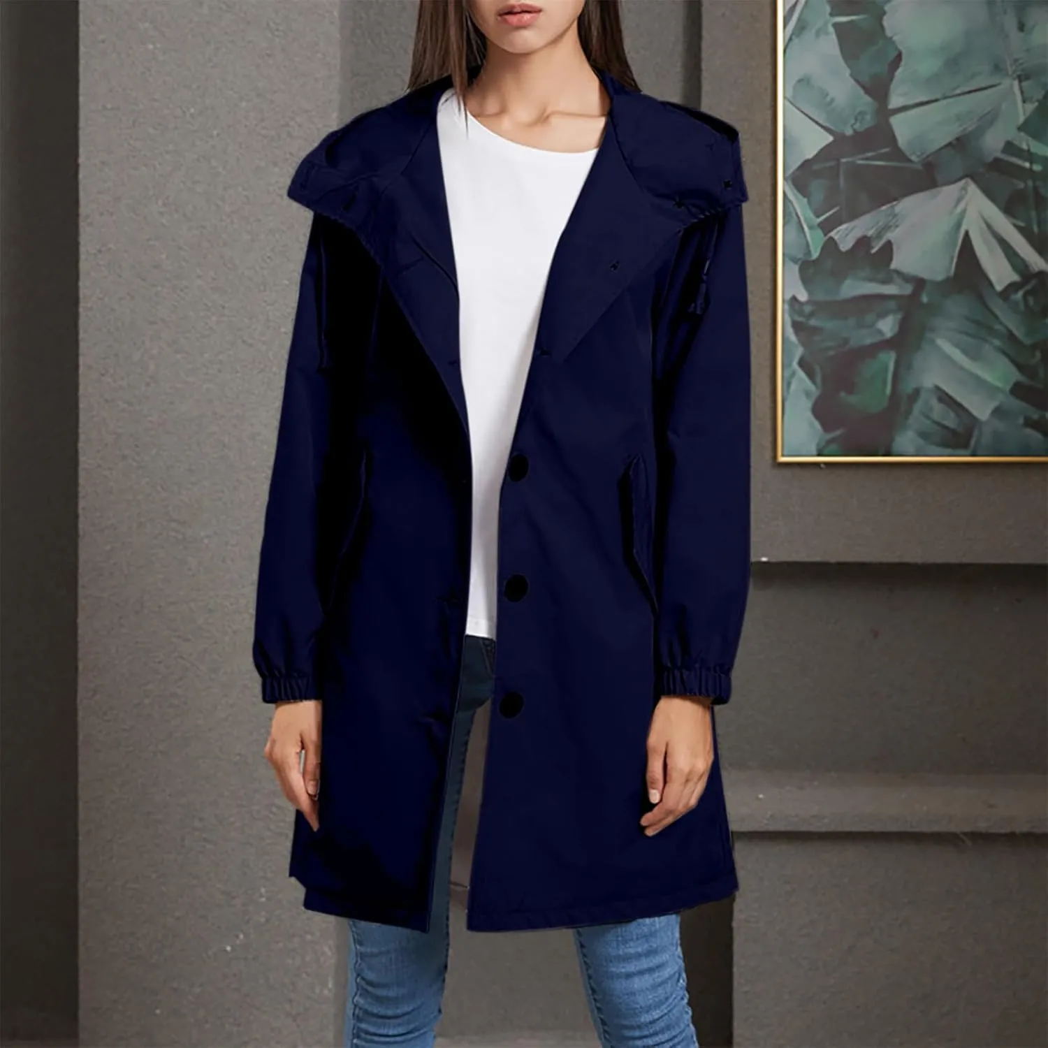 Womens Trench Coat Mid Length Hooded Cuffed Sleeve Rain Jacket Button Long Windproof Rain Coat with Pockets Outdoor