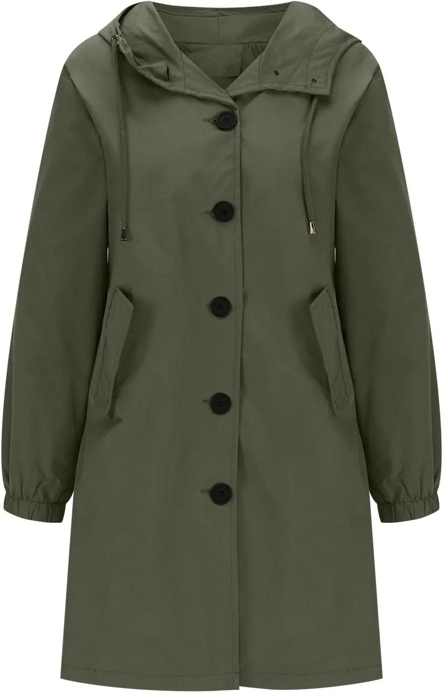 Womens Trench Coat Mid Length Hooded Cuffed Sleeve Rain Jacket Button Long Windproof Rain Coat with Pockets Outdoor