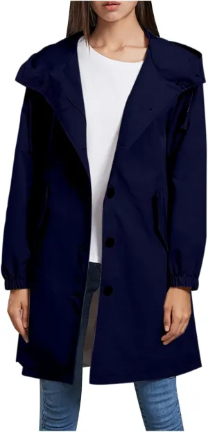 Womens Trench Coat Mid Length Hooded Cuffed Sleeve Rain Jacket Button Long Windproof Rain Coat with Pockets Outdoor
