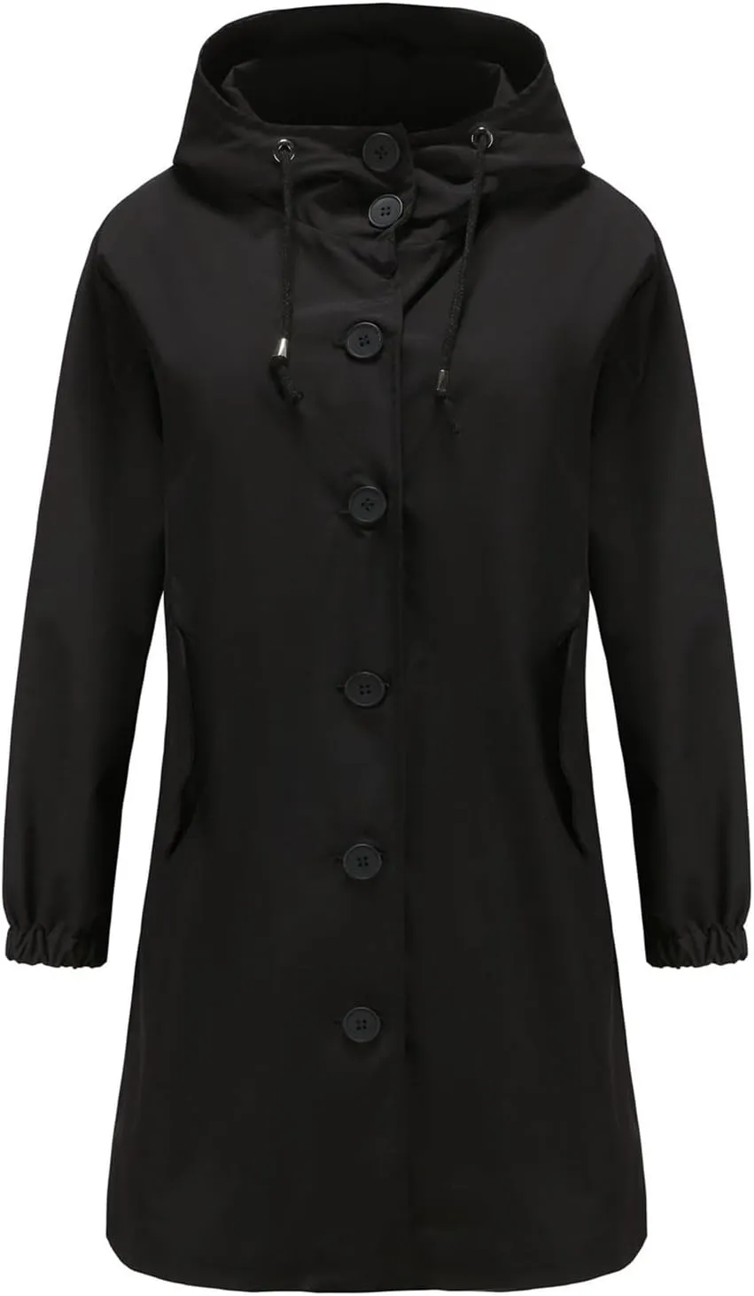 Womens Trench Coat Mid Length Hooded Cuffed Sleeve Rain Jacket Button Long Windproof Rain Coat with Pockets Outdoor