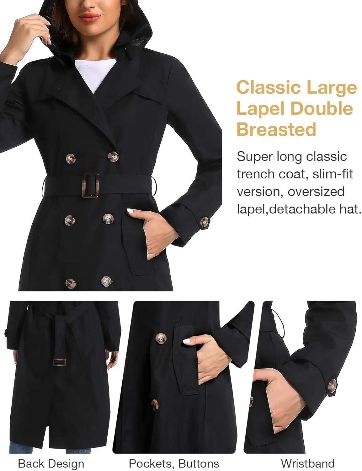 Women's Waterproof Long Trench Coat Double Breasted Length Classic Lapel Belt Coat With Removable Hood