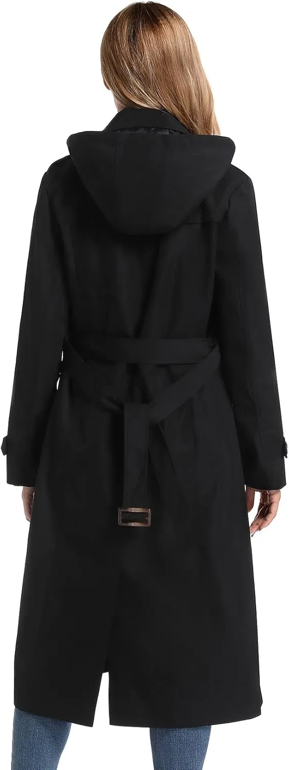 Women's Waterproof Long Trench Coat Double Breasted Length Classic Lapel Belt Coat With Removable Hood