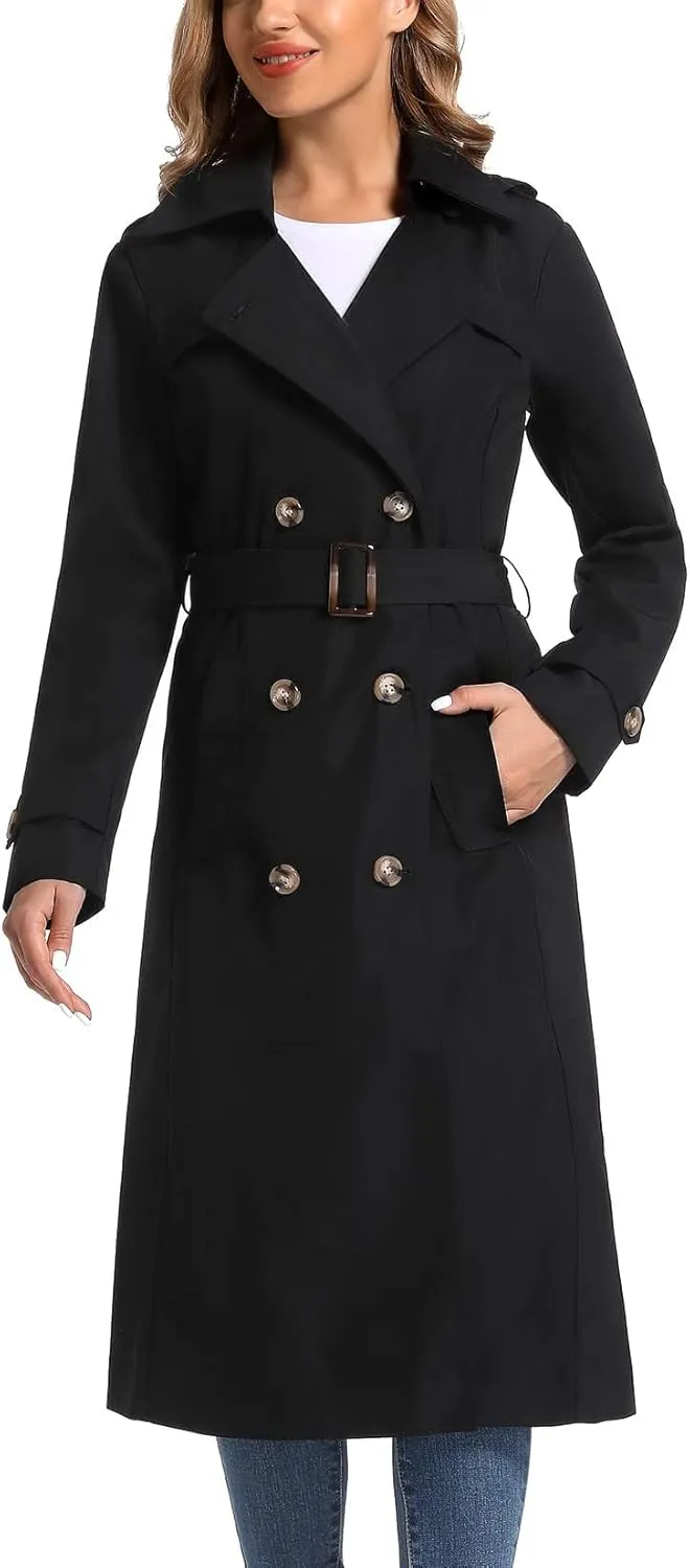 Women's Waterproof Long Trench Coat Double Breasted Length Classic Lapel Belt Coat With Removable Hood
