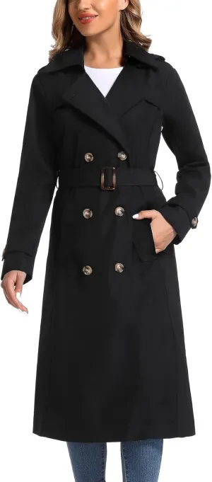 Women's Waterproof Long Trench Coat Double Breasted Length Classic Lapel Belt Coat With Removable Hood
